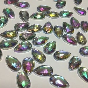CraftbuddyUS 100pcs 13x8mm Sew On Ab Clear Teardrop Acrylic Diamante Rhinestone Crystal Gems