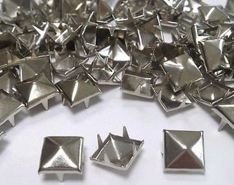 CraftbuddyUS 100 X 10mm Silver Square Pyramid Craft Studs, Fashion Embellishment for Bag Shoe