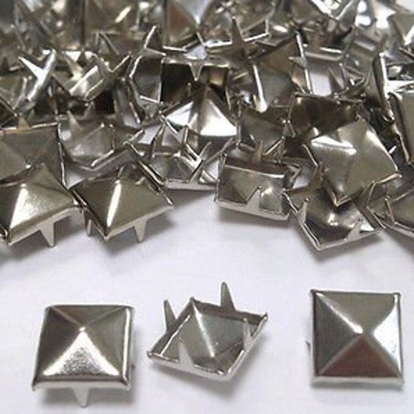 CraftbuddyUS 100 X 10mm Silver Square Pyramid Craft Studs, Fashion Embellishment for Bag Shoe