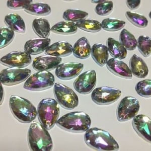 CraftbuddyUS 100pcs 10x6mm Sew On Ab Clear Teardrop Acrylic Diamante Rhinestone Crystal Gems