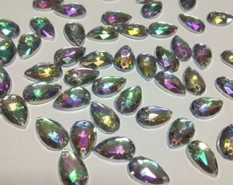 CraftbuddyUS 100pcs 10x6mm Sew On Ab Clear Teardrop Acrylic Diamante Rhinestone Crystal Gems