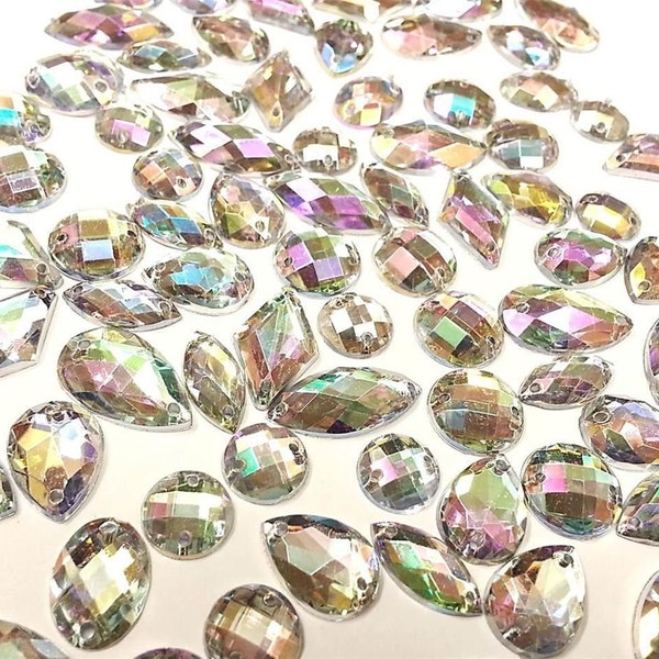 CraftbuddyUS 80 Ab Clear Faceted Acrylic Sew On, Stick on Diamante Crystal Rhinestone Gems