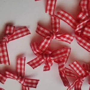 以下が含まれることがあります： 赤と白のギンガムチェックのリボンボウのセット。ボウはシンプルな結び目で結ばれており、ギフト、クラフト、または家の装飾に魅力的なタッチを加えるのに最適です。