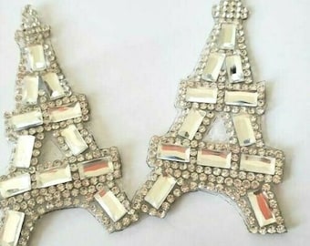 CraftbuddyUS IDM6 One Pair 4cmx8cm Eiffel Tower Diamante Rhinestone Hotfix Iron On Motif