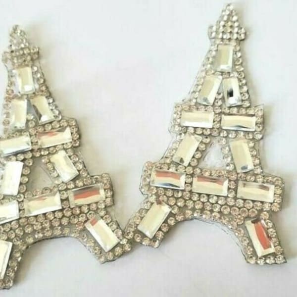 CraftbuddyUS IDM6 One Pair 4cmx8cm Eiffel Tower Diamante Rhinestone Hotfix Iron On Motif