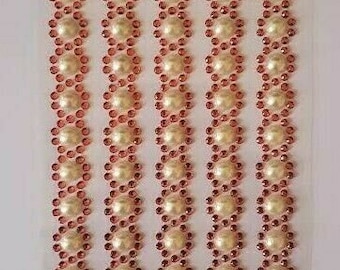 CraftbuddyUS 5 RED Round 8mm Pearl Self Adhesive Rhinestone Stripes, DIY, Craft