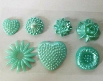 CraftbuddyUS 7pcs Self Adhesive AQUA Flower and Heart  Pearl Toppers, DIY, Craft