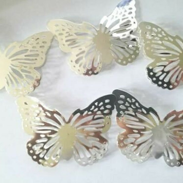 CraftbuddyUS 5pcs 3.5inch Silver Decorative Metal Filigree 2 Layer Butterfly Toppers