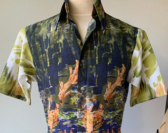 70s Men\u2019s Shirt Vintage 1970\u2019s 417 Van Heusen Fishing Scene Short Sleeve Casual Button Up Shirt Medium M