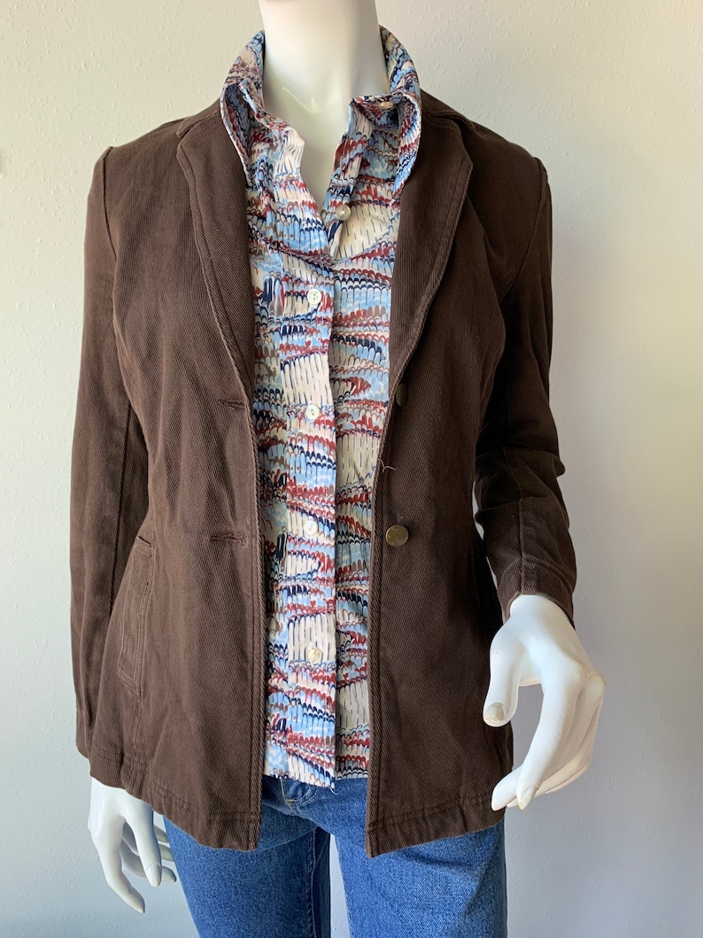 70s Blouse Vintage 1970\u2019s Rust Navy Baby Blue Printed Long Sleeve Shirt Extra Small XS