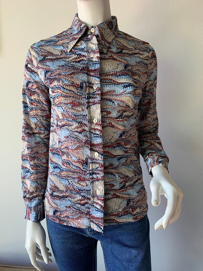 70s Blouse Vintage 1970\u2019s Rust Navy Baby Blue Printed Long Sleeve Shirt Extra Small XS