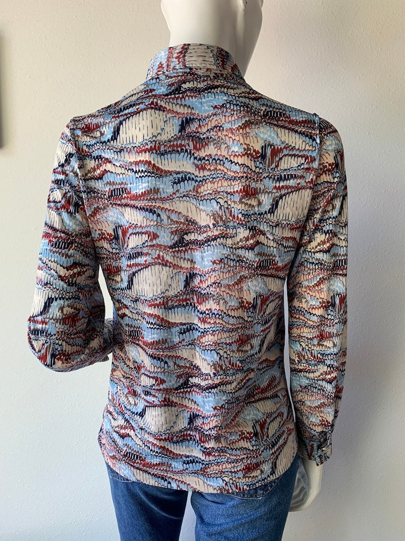 70s Blouse Vintage 1970\u2019s Rust Navy Baby Blue Printed Long Sleeve Shirt Extra Small XS