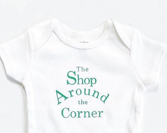 The SHOP AROUND The CORNER Infant Onesie - You've Got Mail Movie Baby Shower Gift - Nora Ephron Print with Card - Rom Com T Shirt Design
