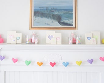 LITTLE HEARTS GARLAND - Small Felt Conversation Hearts - Felt Valentines Day Garland - Pastel Nursery Bunting - Pink Hearts Wedding Banners