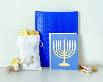 HANUKKAH GELT and DREIDEL Care Package - Kids Treat Bag - First Night Gifts - Chocolate Gelt - Gift Set with Wood Dreidel and Paper Menorah