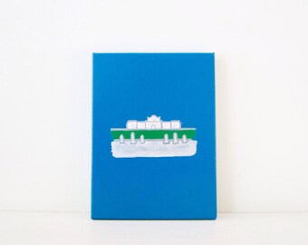 Può includere: Un dipinto su tela blu con un'illustrazione bianca e verde di una barca su uno sfondo blu.