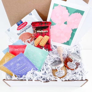 PACOTE DE CUIDADOS DE CHÁ - Caixa de chá e biscoitos - Mel - Shortbread - Harney and Sons - Presentes de melhoras em breve - Cartões de felicitações personalizados