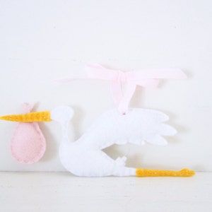 STORK ORNAMENT - Pink Stork ORNAMENT - Baby Keepsake - Baby's First Christmas Ornament - Pink Baby Shower Decor - Felt Stork Decoration