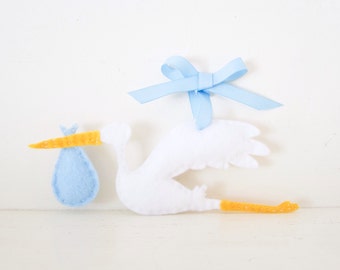 STORK ORNAMENT - Blue Stork ORNAMENT - Boy Baby Keepsake - Baby&#39;s First Christmas Ornament - Blue Baby Shower Decor - Felt Stork Decoration