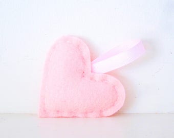 Set of SIX HEART ORNAMENTS - Pink Felt Heart Ornament - Pink Baby Shower Favors - Pink Heart Party Favors - Pink Heart Christmas Ornament