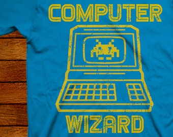 Retro Computer Wizard T-Shirt: 80s Style Cotton Tee
