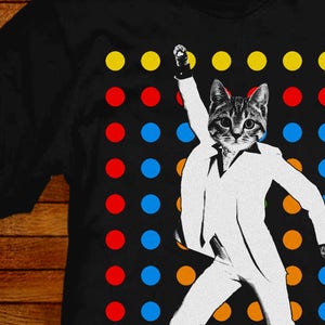 Kitty Cat lover T-shirt disco Saturday Night Fever. Sizes S M L XL 2XL 3XL 4XL 5XL also in ladies fit S-2XL