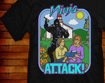 ¡Ataque Ninja! Camiseta retro divertida de los 80 con estampado de doble cara (anterior y posterior)