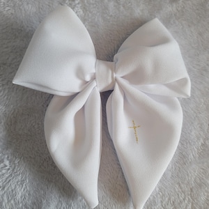 White hair bow clip with Gold stitched cross/Catholic liturgical living/ Christian bow/ First Communion