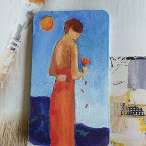 Tarjeta Oracle hecha a mano en 4.75 "x 3.75" de madera en blanco / pérdida, collage de medios mixtos / único de pintura original /