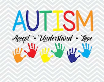 May include: A colorful graphic design with the word "AUTISM" in rainbow colors. The text "Accept. Understand. Love" is below the word autism. There are seven handprints in rainbow colors below the text.