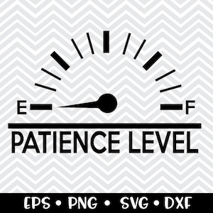 May include: Black and white graphic of a gauge with a needle pointing to empty. The gauge is labelled "Patience Level" with "E" on the left and "F" on the right.
