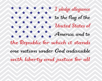 May include: A digital design featuring the Pledge of Allegiance text with a blue and white star pattern in the background. The text reads "I pledge allegiance to the flag of the United States of America, and to the Republic for which it stands one nation under God indivisible with liberty and justice for all".