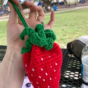 May include: A crocheted strawberry-shaped bag with a green stem and white seeds. The bag is red and has a drawstring.
