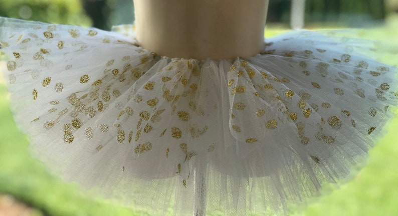 Special Occasion Birthday Holiday Christmas White Tutu with Gold Sparkling Polka-Dots