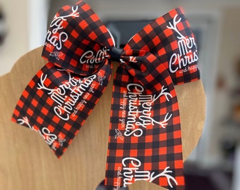 Merry Christmas Buffalo Red Plaid - 6" Cheer Style Bow - Choose your favorite clip or elastic