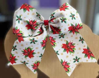 Red Poinsettias on White - 6" Cheer Style Bow - Choose your favorite clip or elastic -