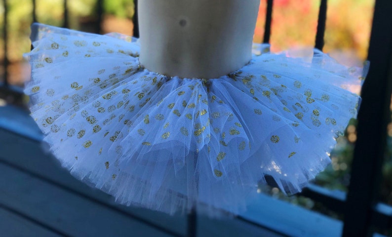 Special Occasion Birthday Holiday Christmas White Tutu with Gold Sparkling Polka-Dots