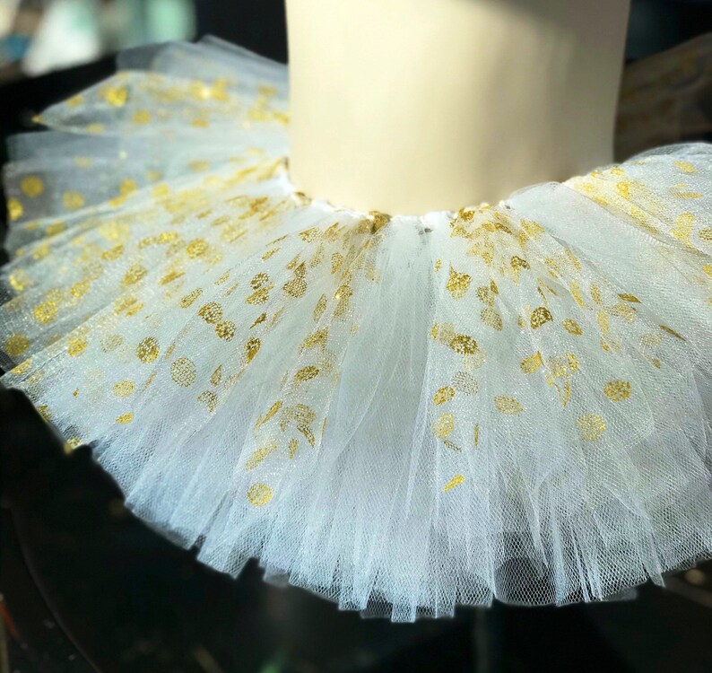Special Occasion Birthday Holiday Christmas White Tutu with Gold Sparkling Polka-Dots