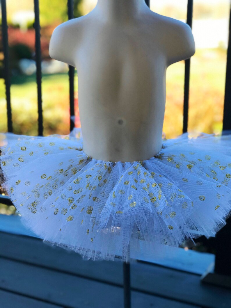 Special Occasion Birthday Holiday Christmas White Tutu with Gold Sparkling Polka-Dots