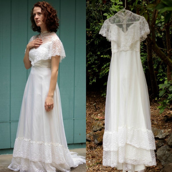 1970's style vintage wedding dress - 1980's does 70's gown with train, lace ruffles, high lace neckline, and button up back