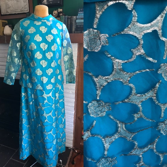 Vintage 1960s Blue Floral Metallic Mod Gown || coc