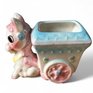 Vintage Ceramic Donkey Cart Planter| Kitsch Mid-Century Nursery Decor| Pastels
