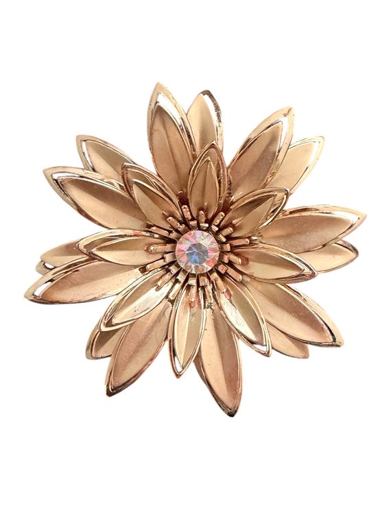 Vintage Gold Tone Flower Brooch. 1960s layered petal design, centre Aurora Borealis stone.