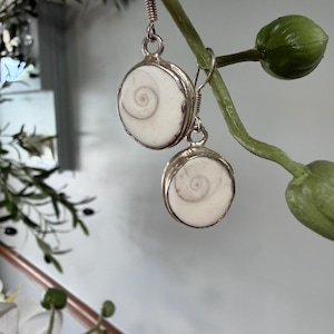 May include: A pair of dangle earrings featuring circular white shiva shell inlays with a natural brown spiral pattern, encased in polished silver-toned metal settings with matching silver-toned ear wires for a secure and classic jewelry look.