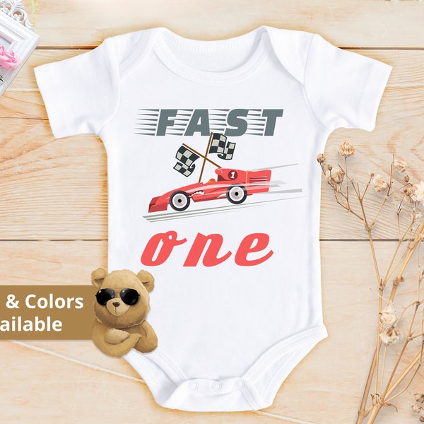 Fast One First Birthday Bodysuit, 1st Birthday Party Outfit , Racing Theme Shirts , Race Car Birthday Boy, Pit Crew Boys Gift | 788