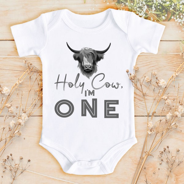 Holy Cow I am One Bodysuit  Bodysuit, Neutral Shirt, Farm Party Tee,  Highland Cow Gift | First Birthday Outfit | Funny Baby Western | 846A