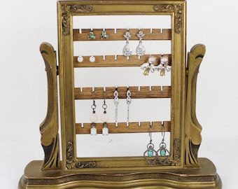 Exhibidor de aretes de oro, marco pivotante vintage, soporte independiente para aretes, organizador de joyas pequeño, soporte para aretes de aro, marco inclinable