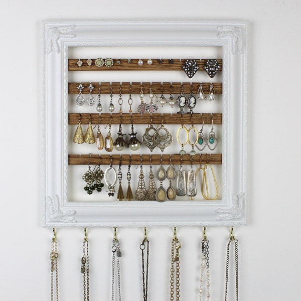 White Jewelry Organizer, Hanging Earring Holder, Jewelry Frame, Wall Hanging Jewelry Display, Creatively Cluttered, Necklace Storage