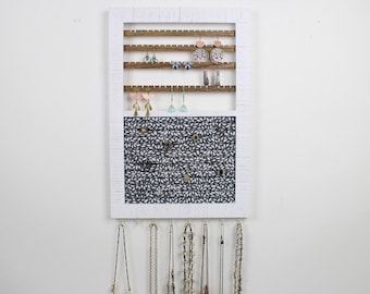 Organizador de joyas todo en uno, soporte para pendientes colgantes, exhibición de anillos, ganchos para collares, organización de joyas de pared, almacenamiento de pendientes con marco blanco