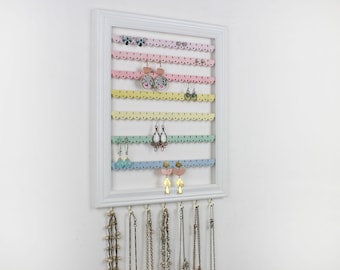 Rainbow Earring Holder, Colorful Jewelry Organizer, Wall Hanging Organization, Jewelry Storage Frame, Pastel Scallop Slat, Rainbow Art Decor